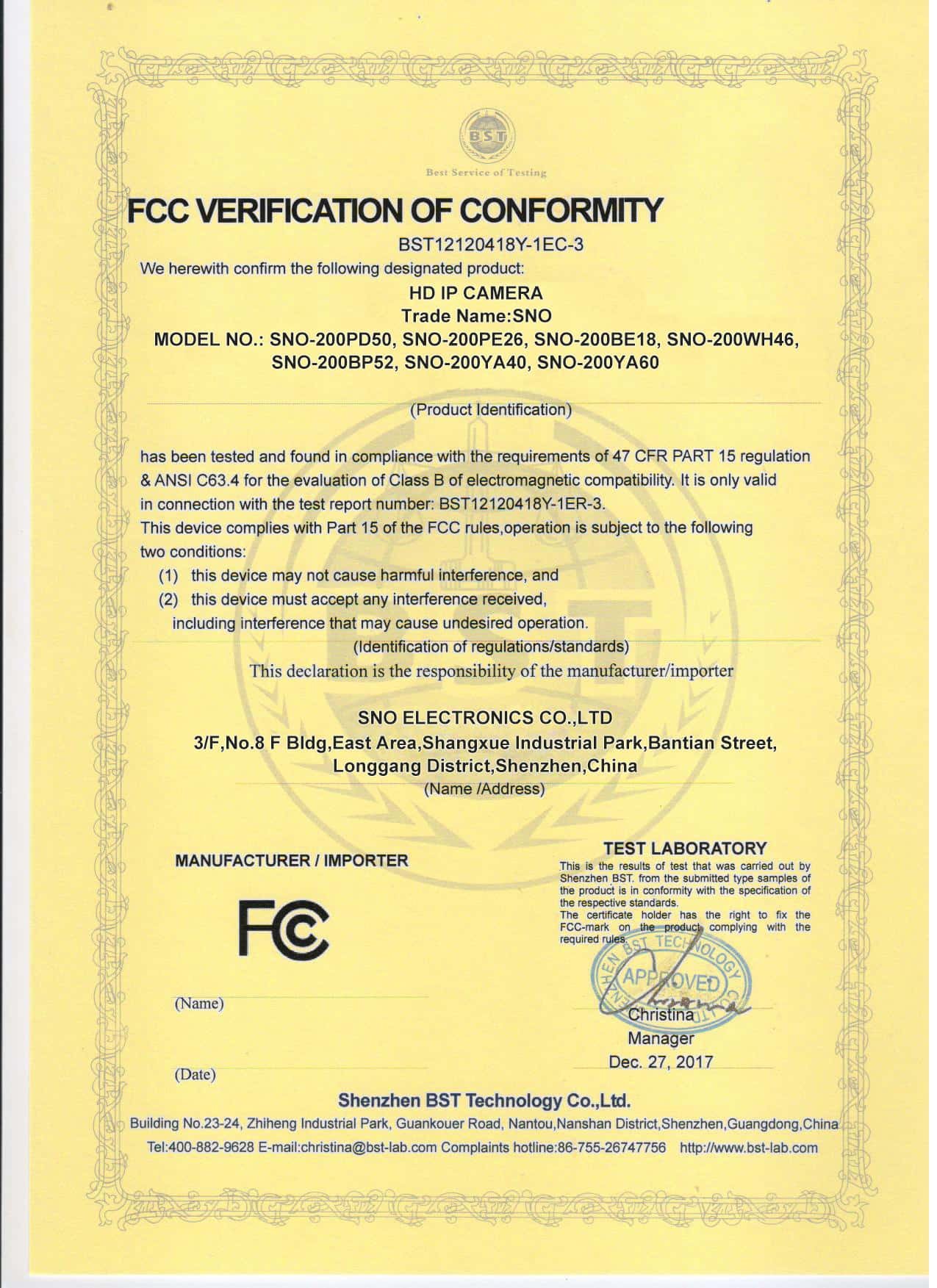 FCC Certificate for Solar Camera Export to USA