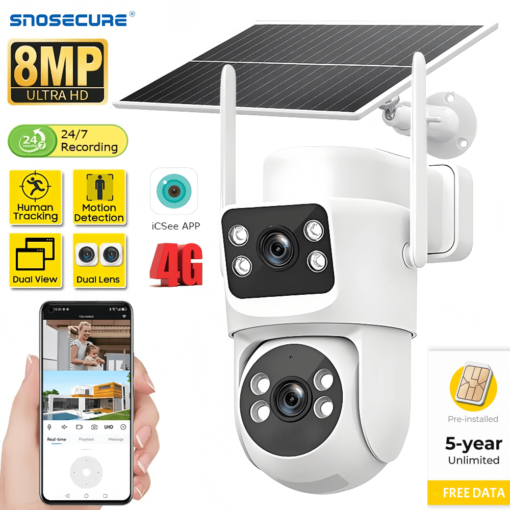 The SNOSECURE 8MP 4G Solar PTZ Camera combines dual-lens surveillance, auto tracking, and night vision for round-the-clock protection. Powered by solar energy with free data 4G SIM support, this waterproof outdoor CCTV system ensures continuous recording and reliable security monitoring anywhere.