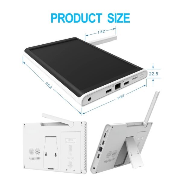 Wireless NVR monitor dimensions with side, back, and angled view