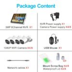 Package contents of wireless NVR kit including cameras, NVR, power adapters, USB mouse, cables, and screws