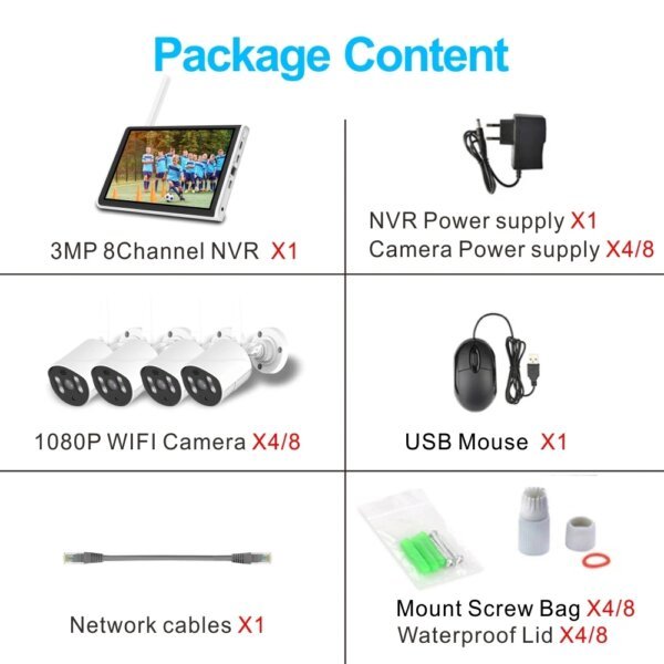 Package contents of wireless NVR kit including cameras, NVR, power adapters, USB mouse, cables, and screws
