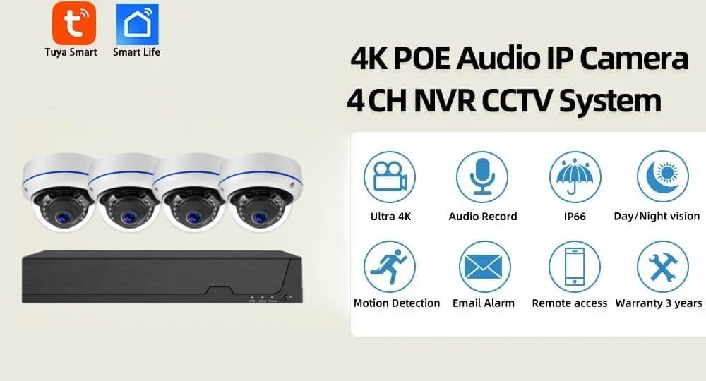 4CH Tuya Smart 4K POE NVR kit with night vision dome cameras for security