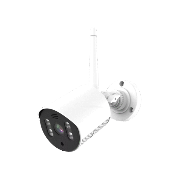 A white wireless bullet security camera mounted on a wall, showing its lens and night vision LEDs.