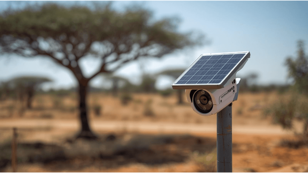 Product photo of solar camera in Kenyan rural setting