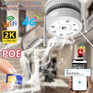 SNOSECURE Smart Smoke Detector 4G WiFi POE Camera 3G Sim Card Home Panoramic 4MP HD For Parlor Room Kitchen Shop Fire Inspection Alarm Sensor iCsee