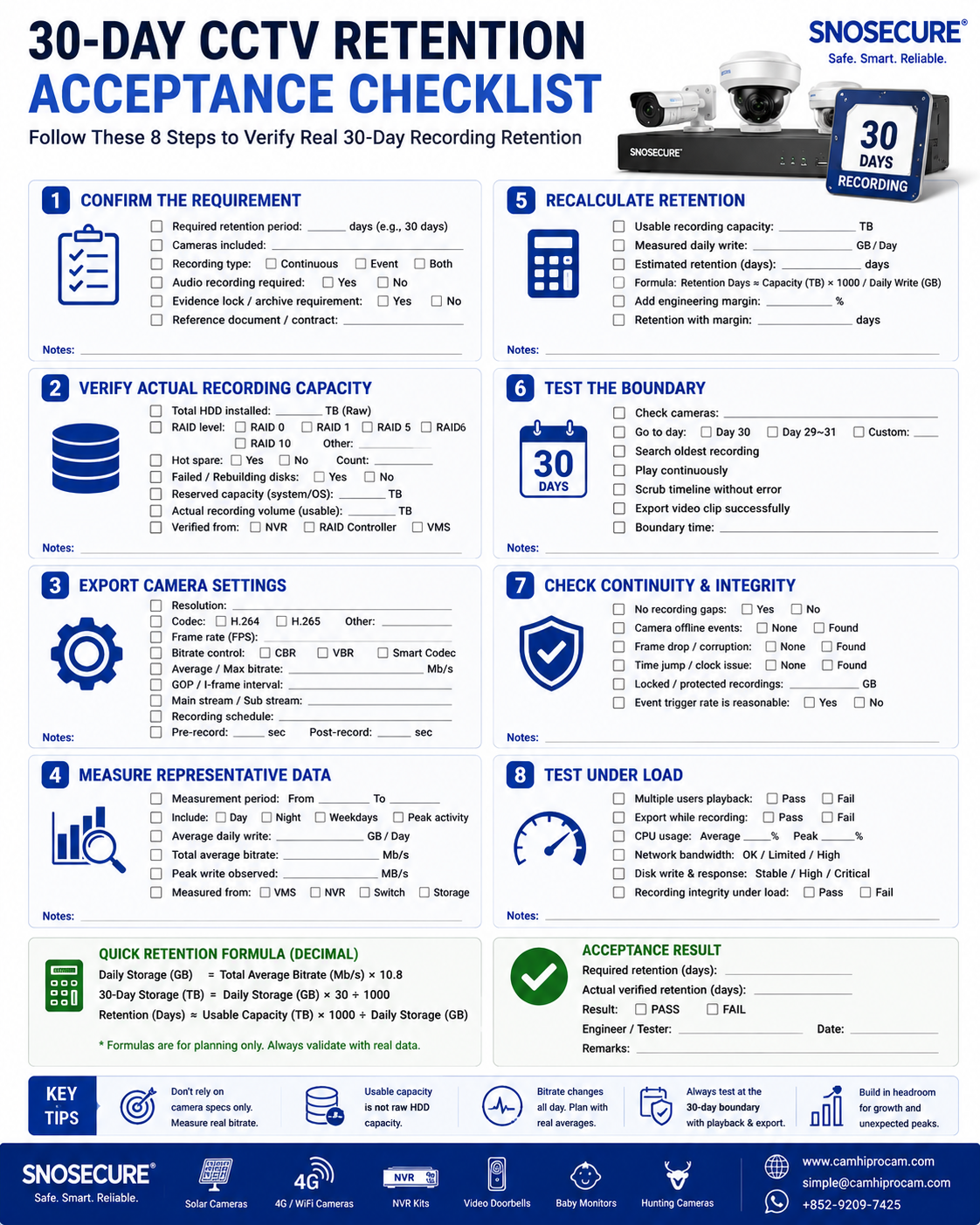 30 day CCTV recording retention acceptance test checklist
