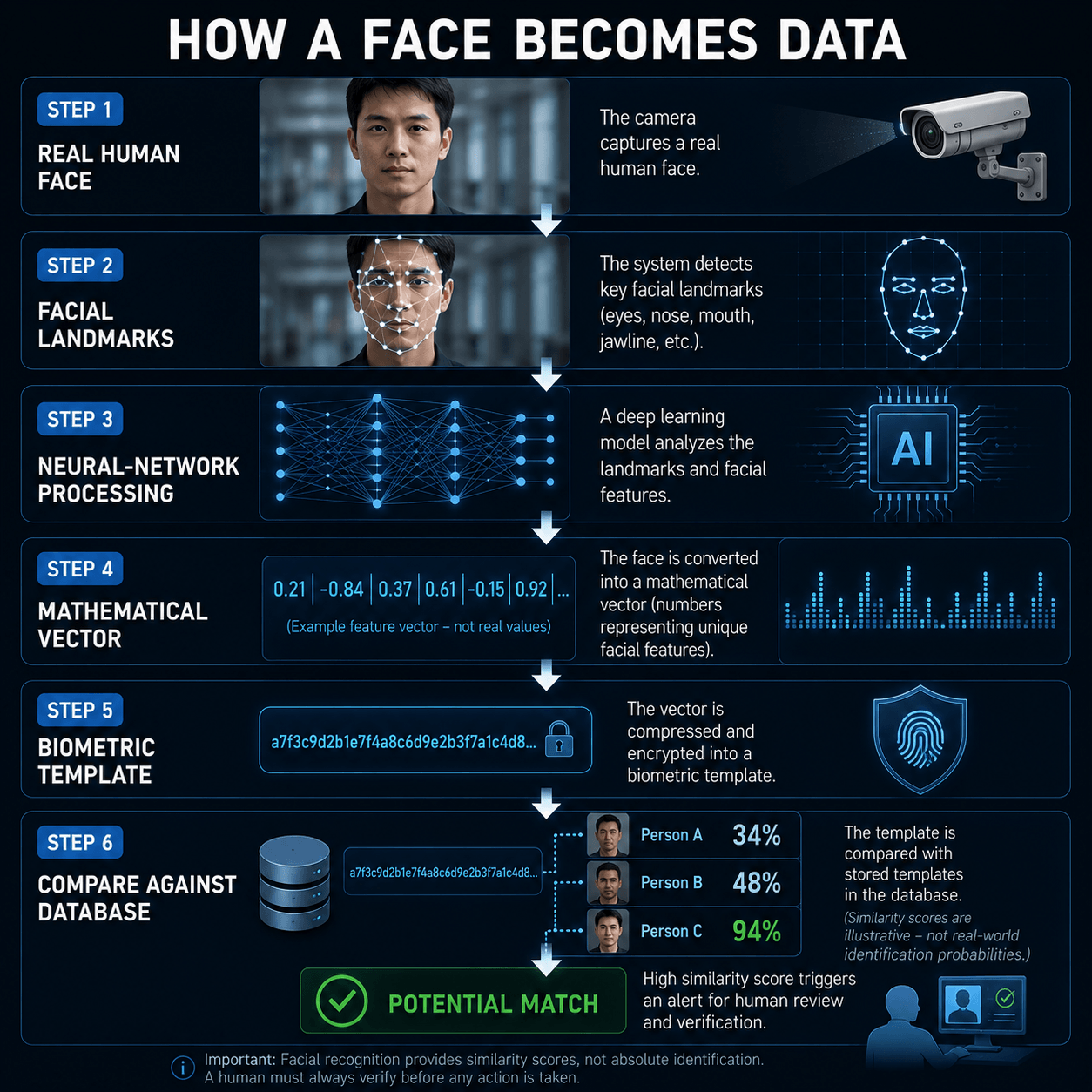 AI facial recognition process from face detection to biometric matching