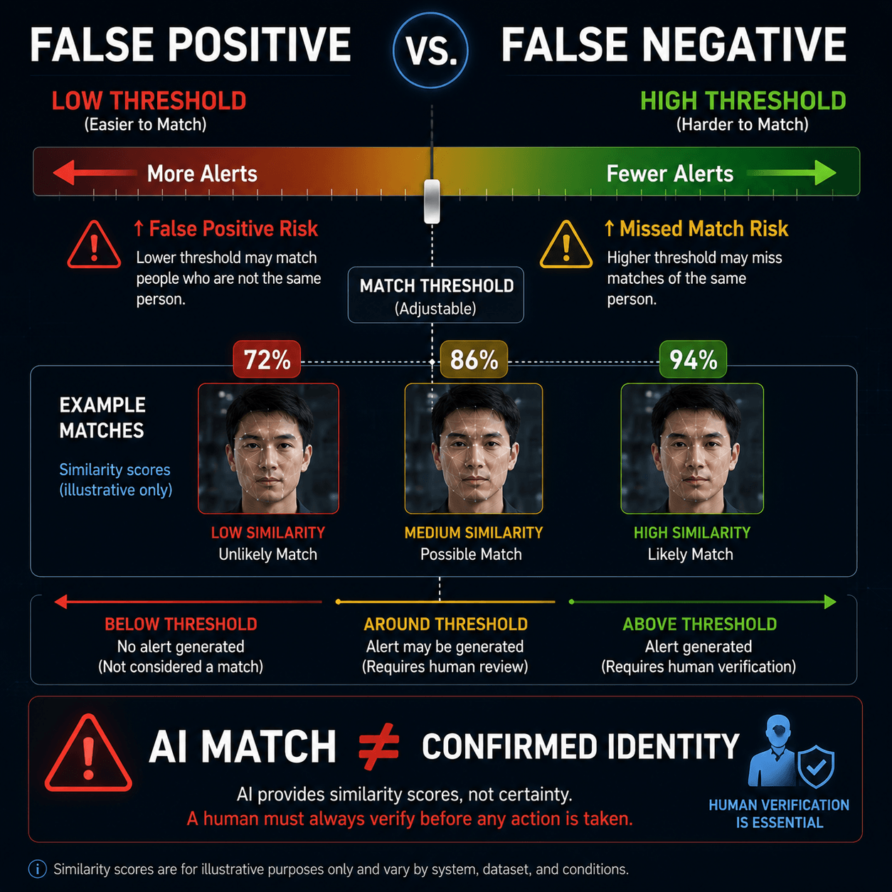 Facial recognition matching threshold and false positive explanation