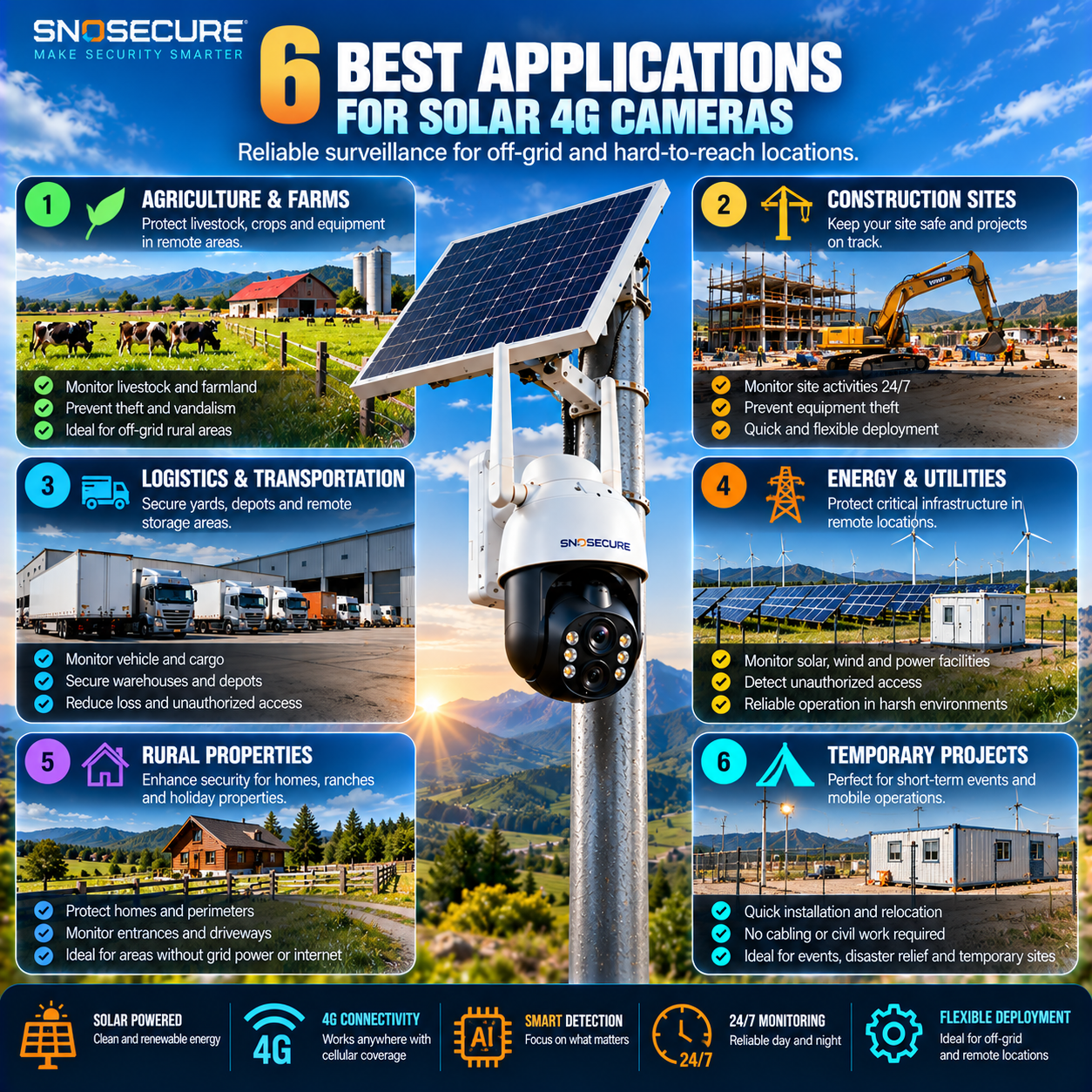 Solar 4G security camera applications for farms, construction sites, logistics and remote infrastructure.