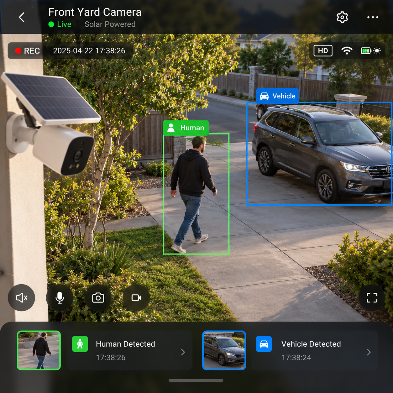 AI human and vehicle detection in solar security cameras