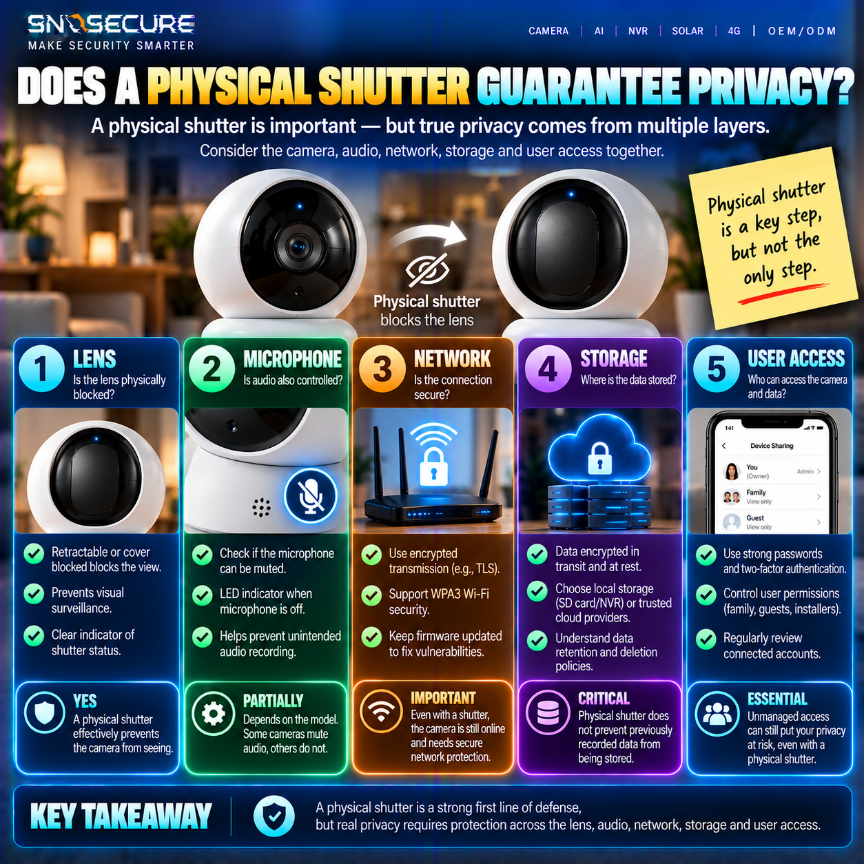 Five privacy considerations beyond a physical camera shutter including microphone, network and stored video.