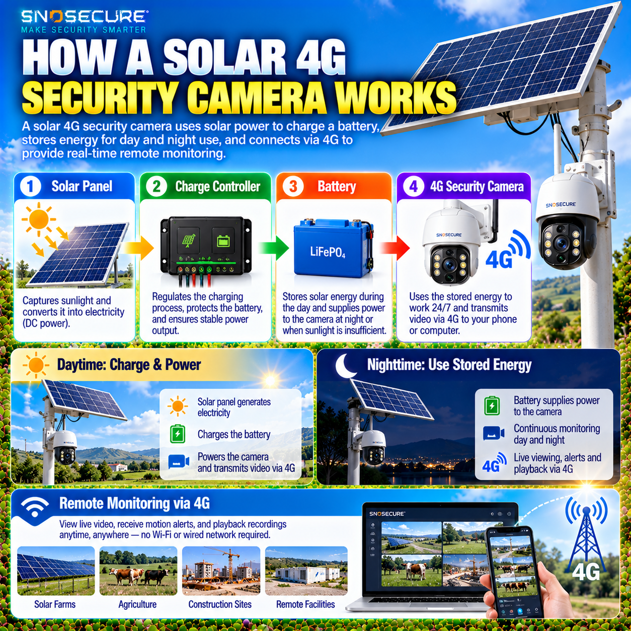 Solar 4G security camera energy flow from solar panel to controller battery and camera