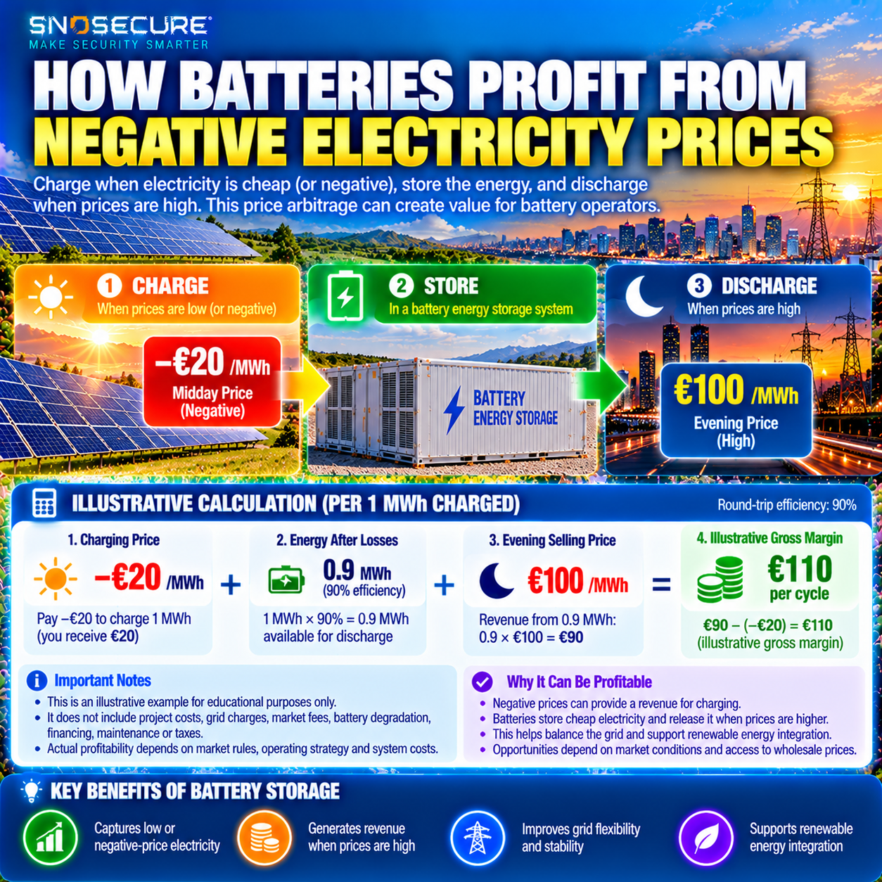 Illustrative battery electricity price arbitrage using negative midday prices