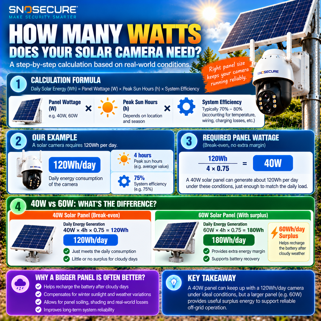 Solar panel wattage calculation for a security camera consuming 120Wh per day