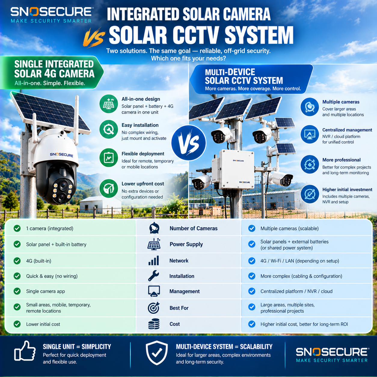 Integrated solar 4G security camera compared with a larger solar-powered CCTV system.