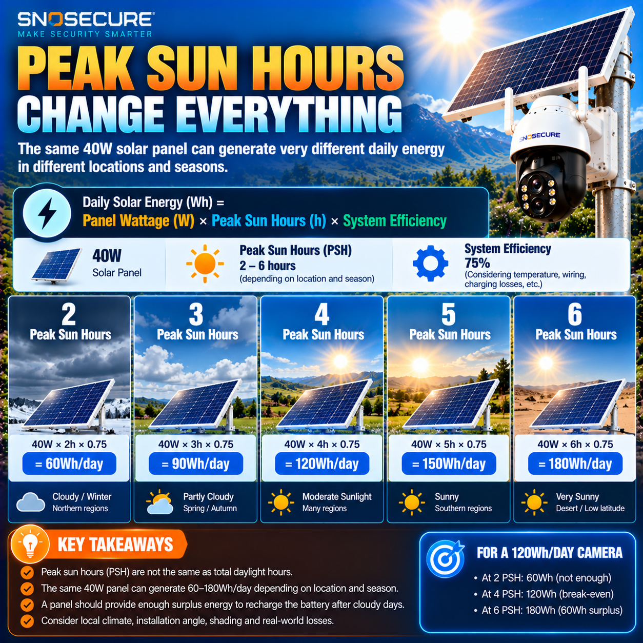 Peak sun hours and estimated daily energy generation from a 40W solar panel