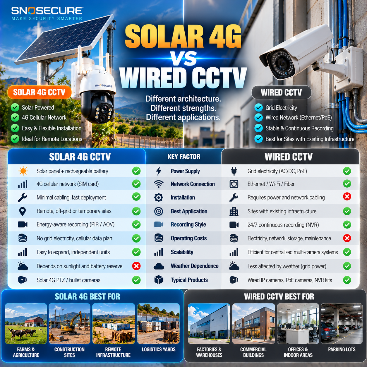 Solar 4G security camera versus wired CCTV comparison for remote surveillance projects.