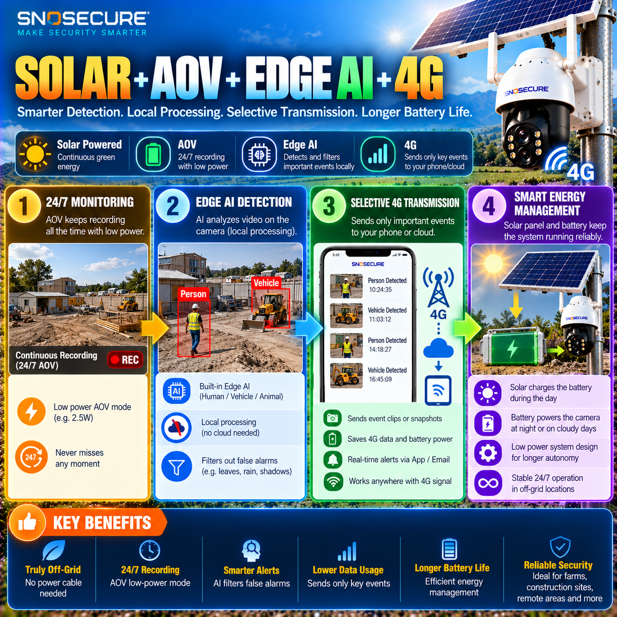 Solar AOV 4G security camera architecture with Edge AI and selective data transmission
