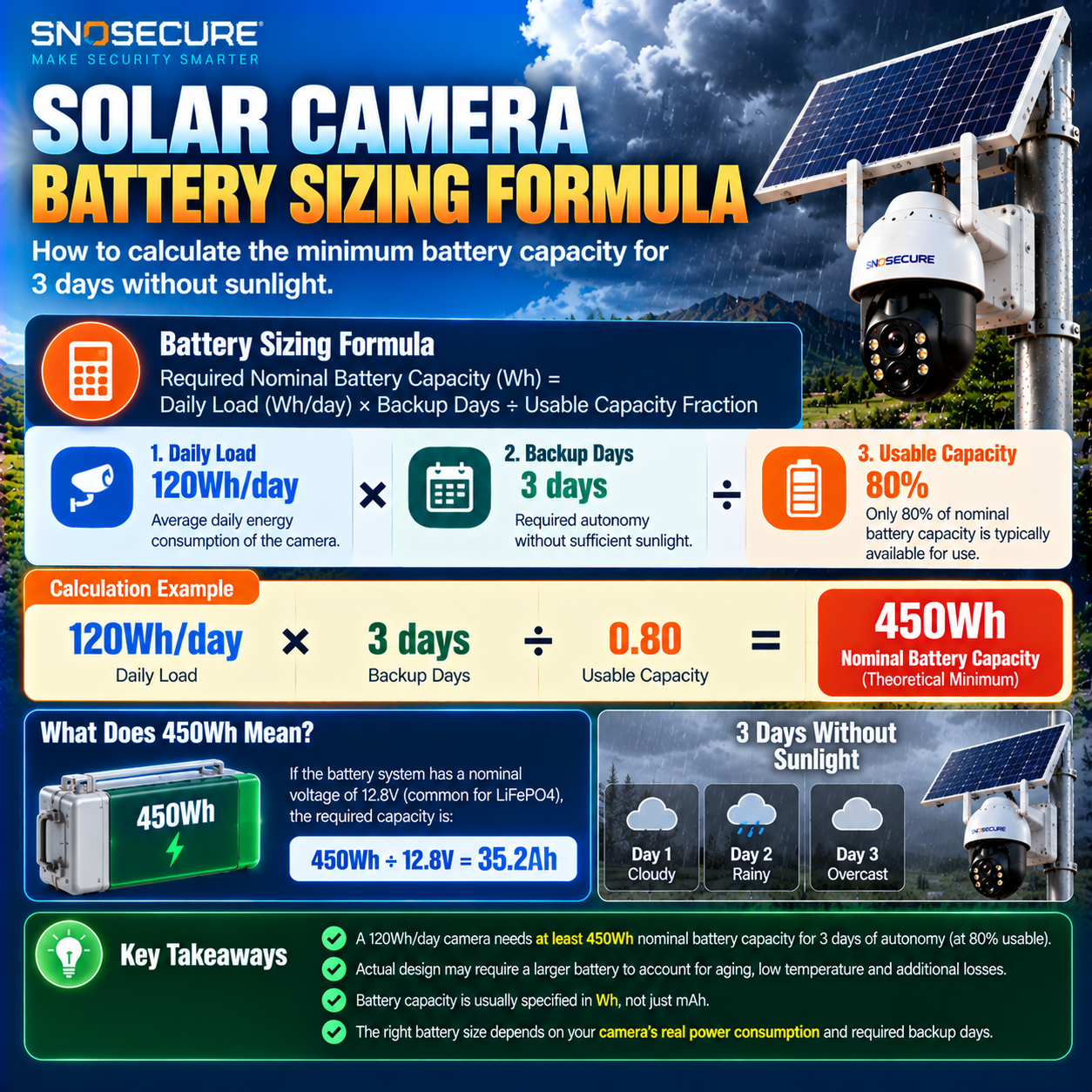 Solar camera battery sizing formula for three days of backup autonomy