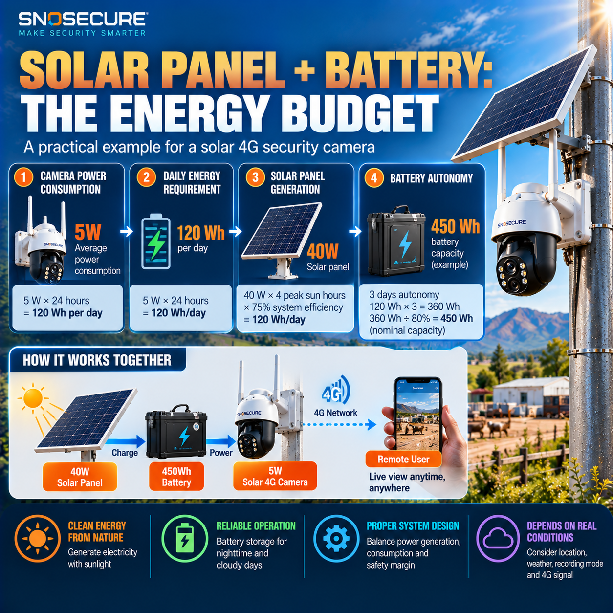 Solar camera energy budget calculation using panel wattage, battery capacity and daily power consumption.