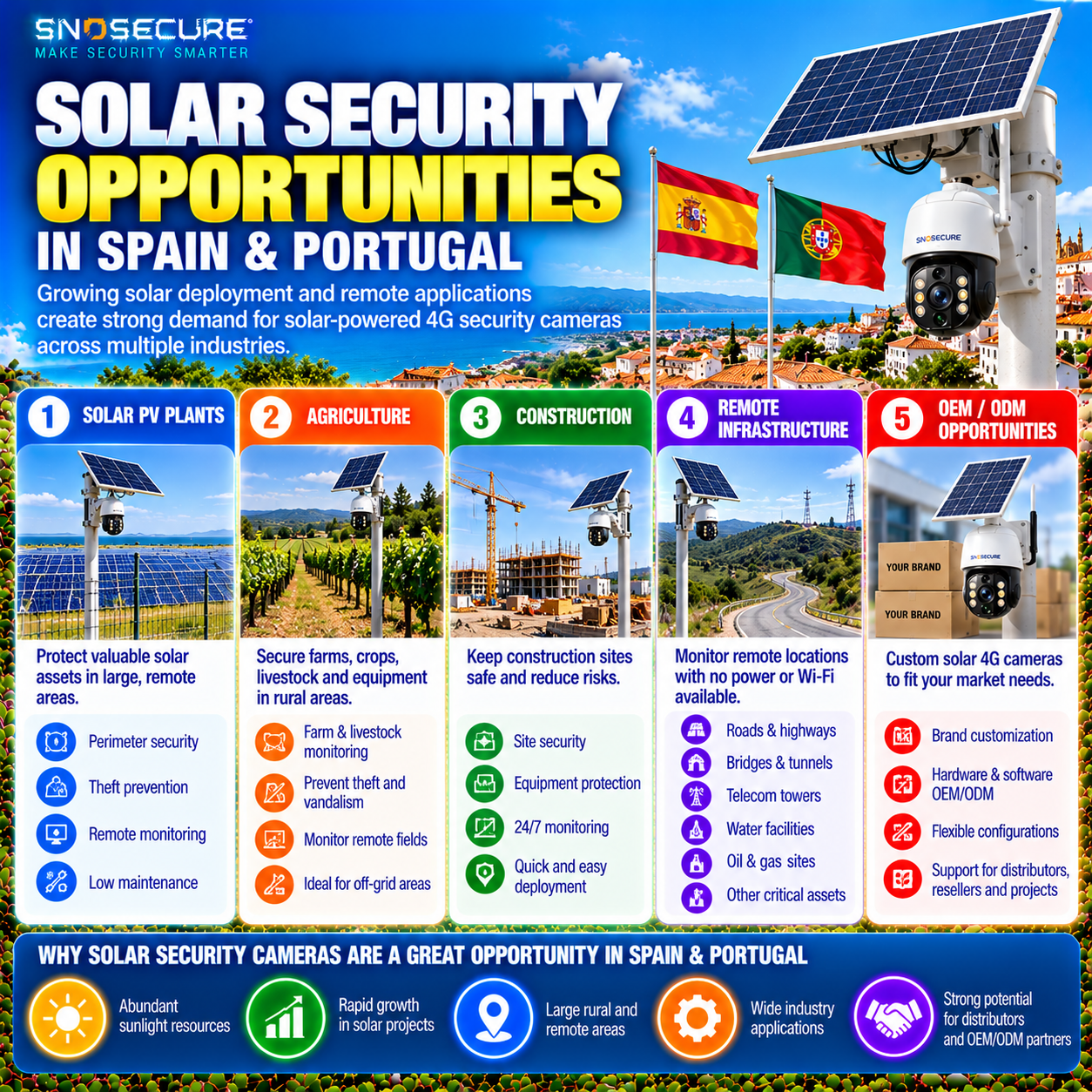 Solar security camera applications in Spain and Portugal for B2B distributors