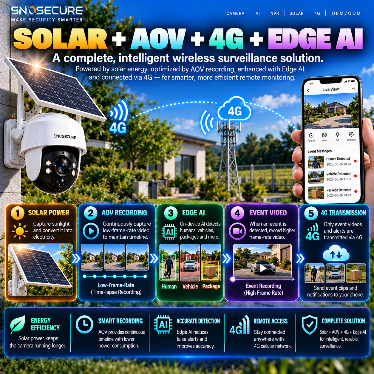 Integrated solar AOV 4G Edge AI security camera architecture for intelligent remote monitoring.