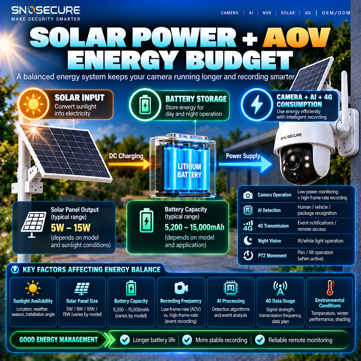Solar AOV camera energy budget showing charging, battery storage and power consumption.