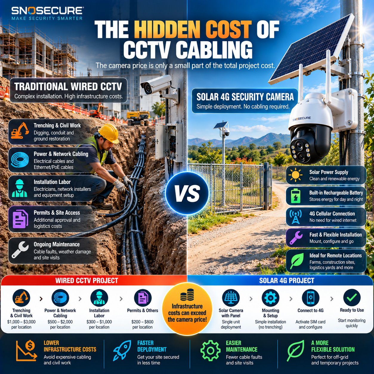 CCTV trenching and cabling costs compared with wireless solar 4G camera installation.