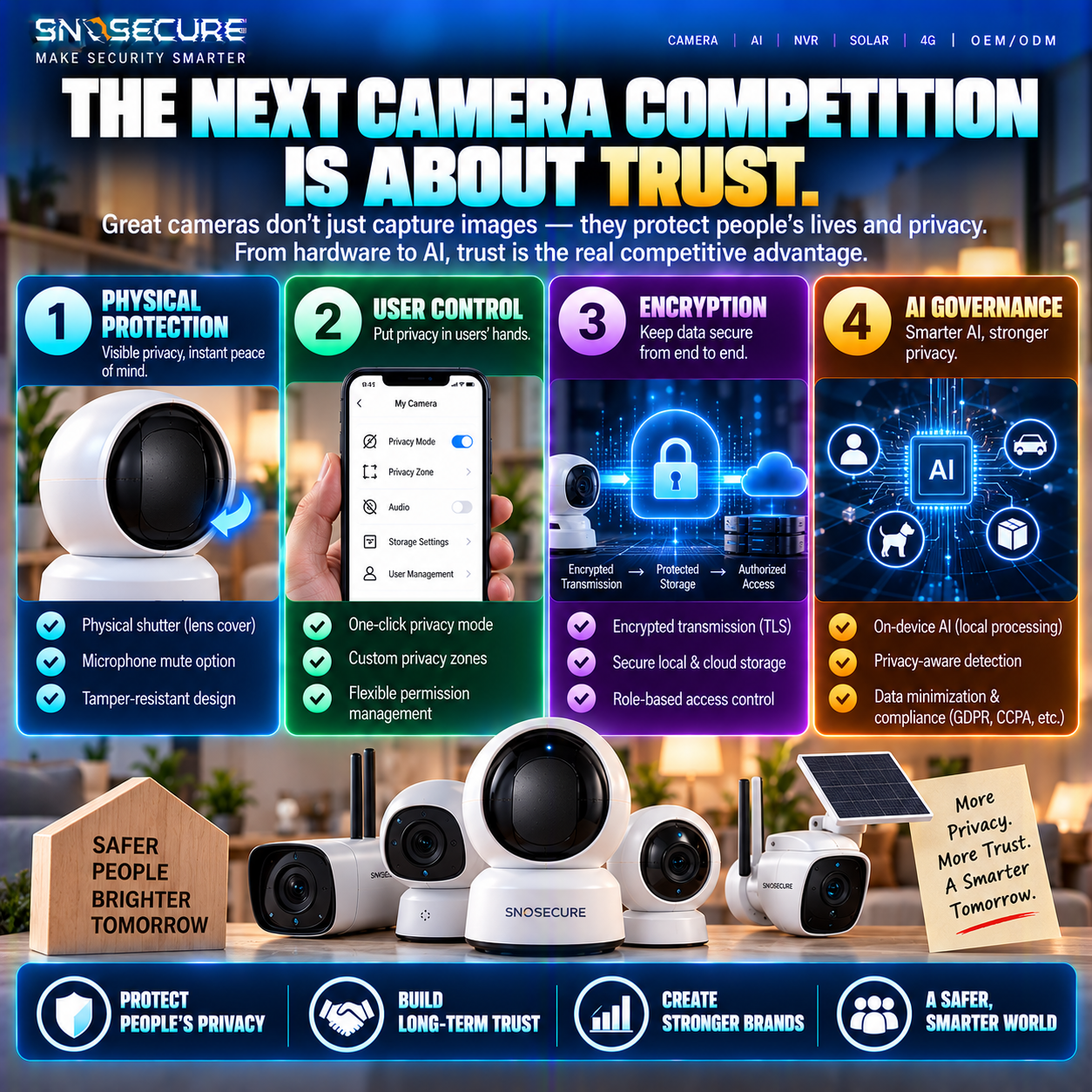 Future of smart camera privacy combining physical lens protection, user control, encryption and AI governance.