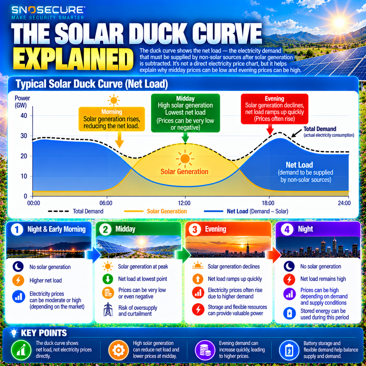 Solar duck curve showing low midday net load and evening electricity demand ramp