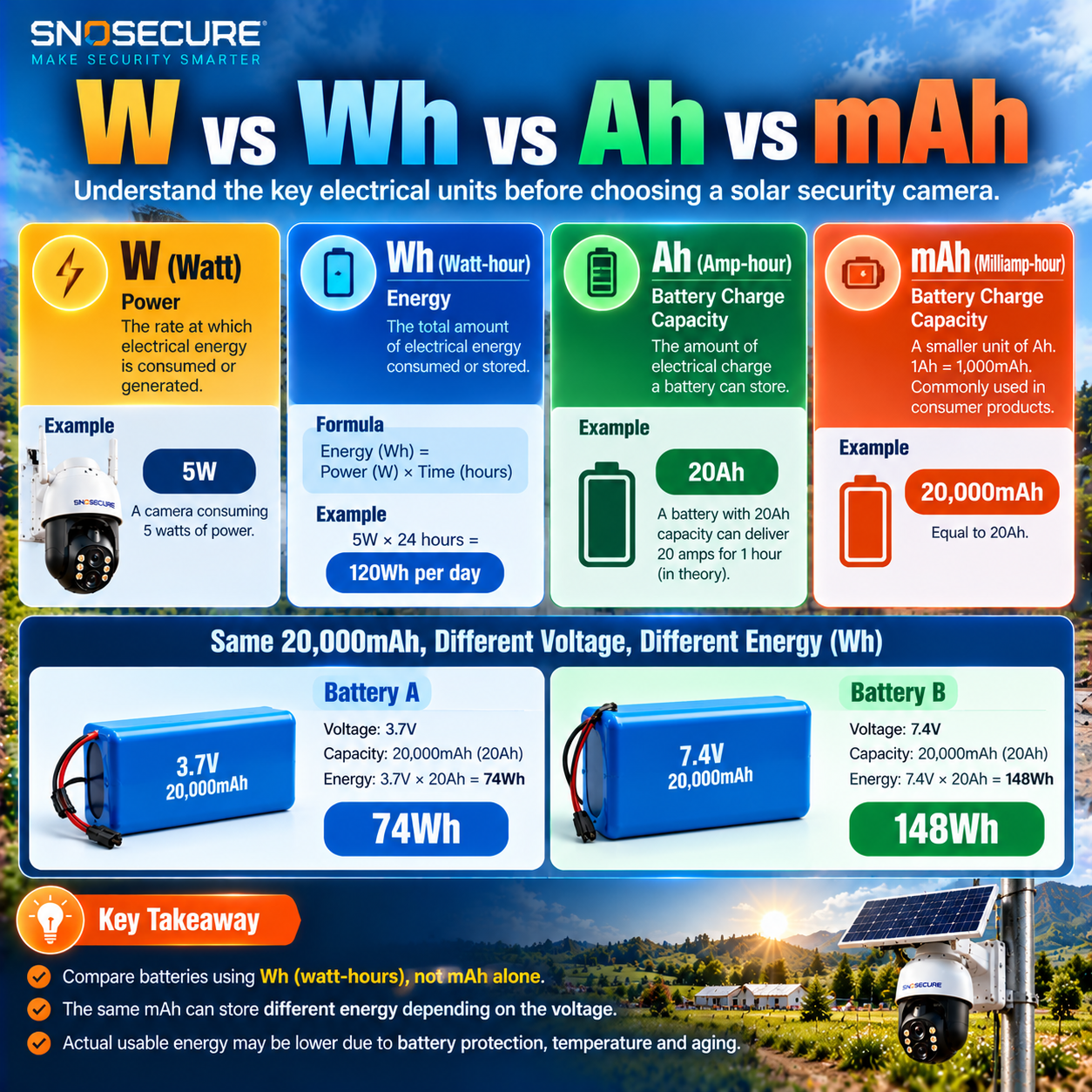 Difference between watts, watt-hours, amp-hours and milliamp-hours for solar camera batteries