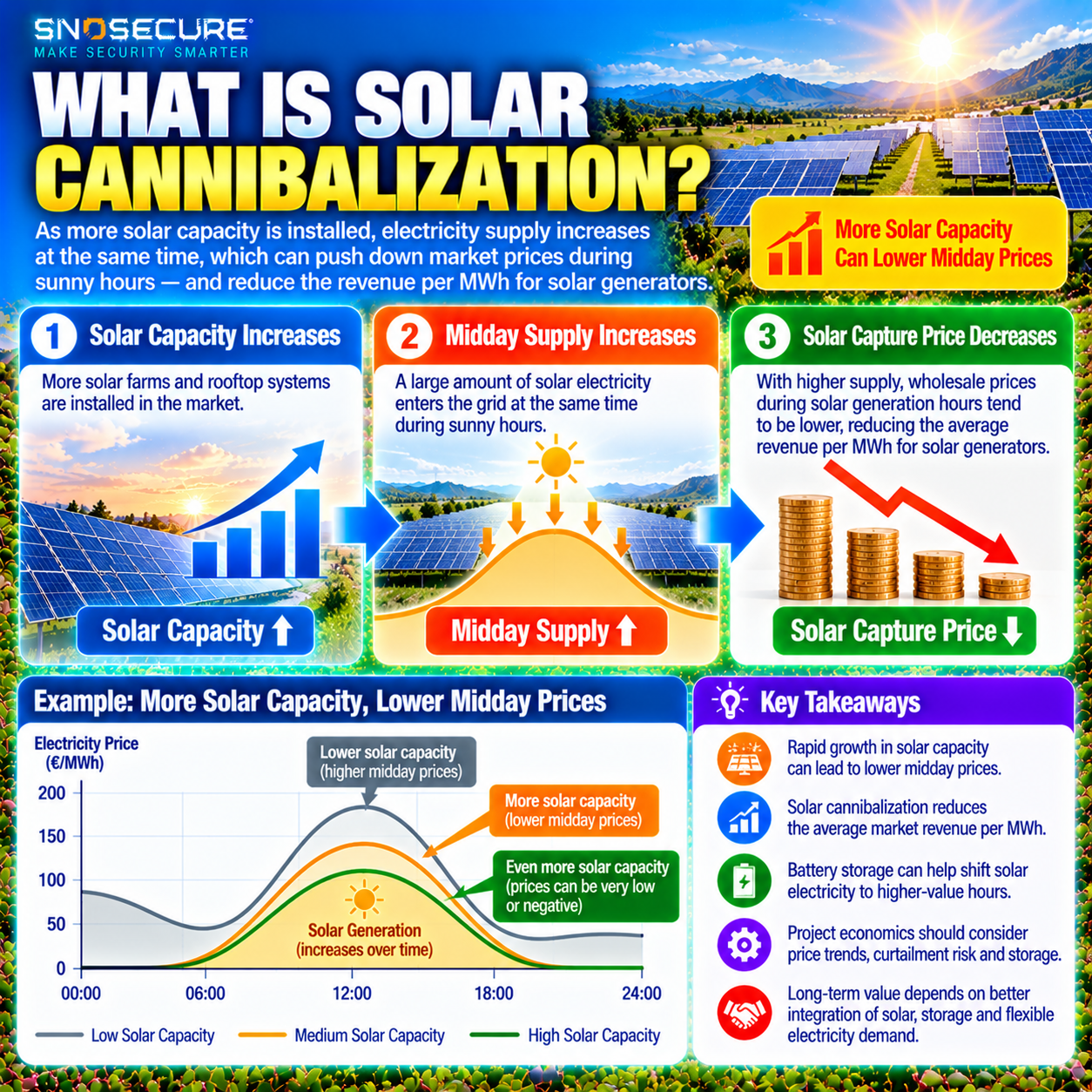 Solar cannibalization explained with growing solar capacity and falling capture prices
