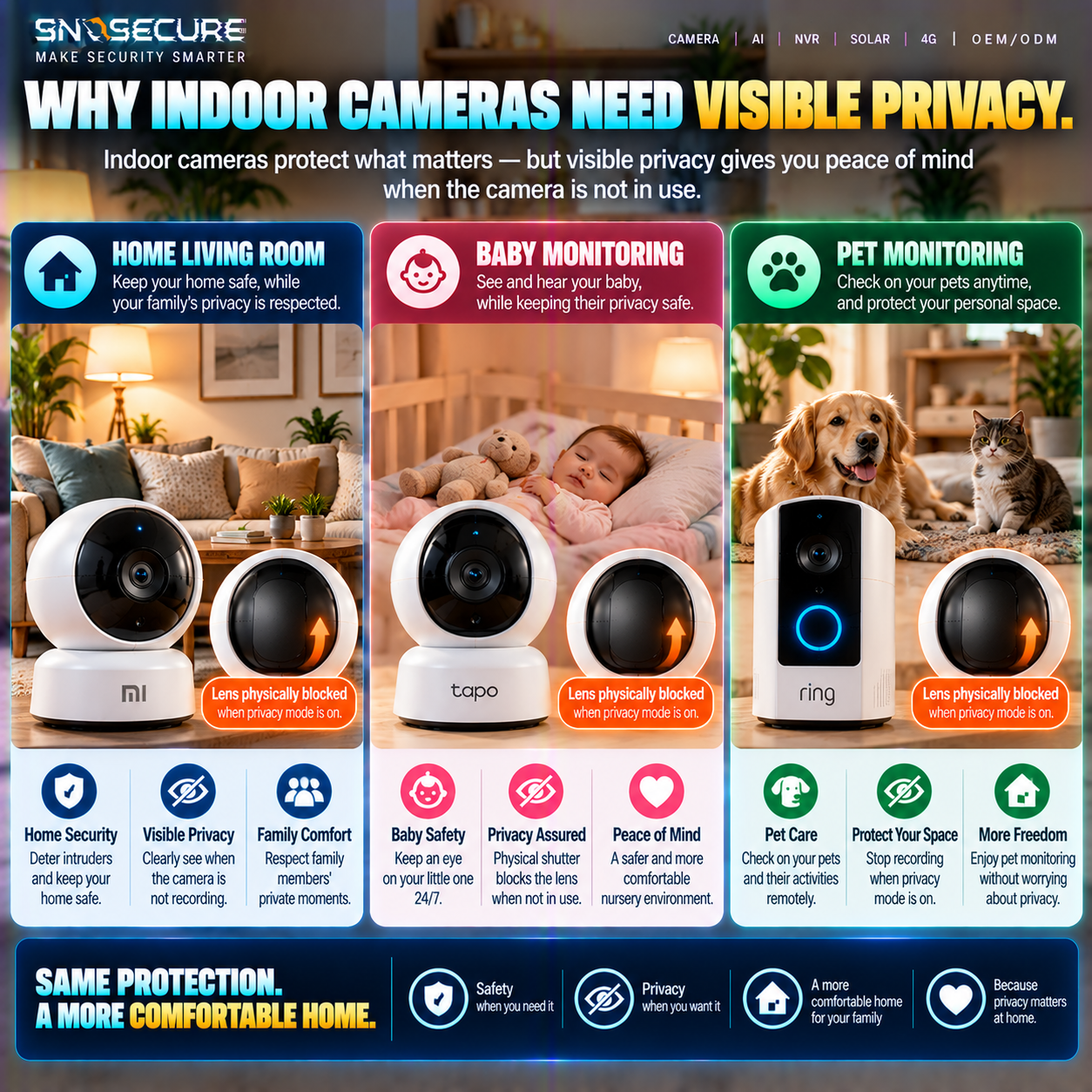 Indoor smart camera privacy applications for living rooms, baby monitoring and pet monitoring.