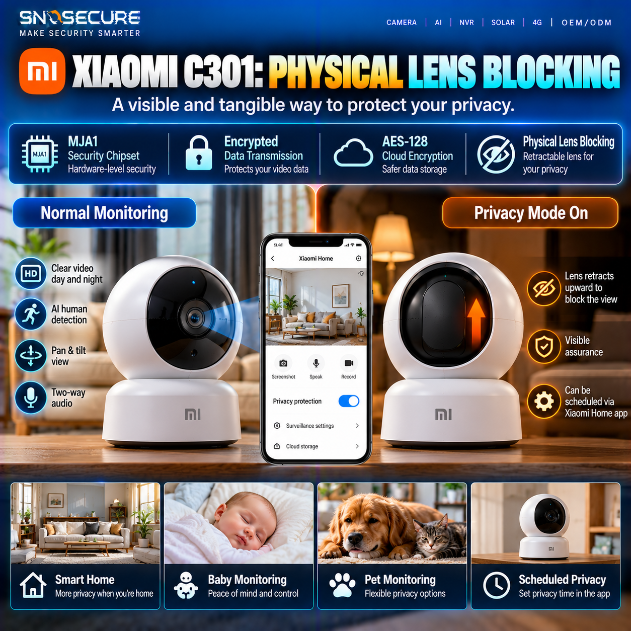 Xiaomi Smart Camera C301 physical lens blocking privacy feature and retractable lens design.