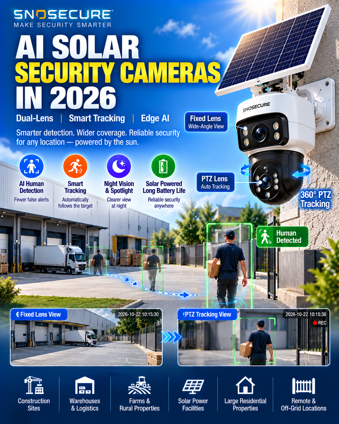 2026 dual lens AI solar security camera trend with PTZ tracking human detection and smart spotlight
