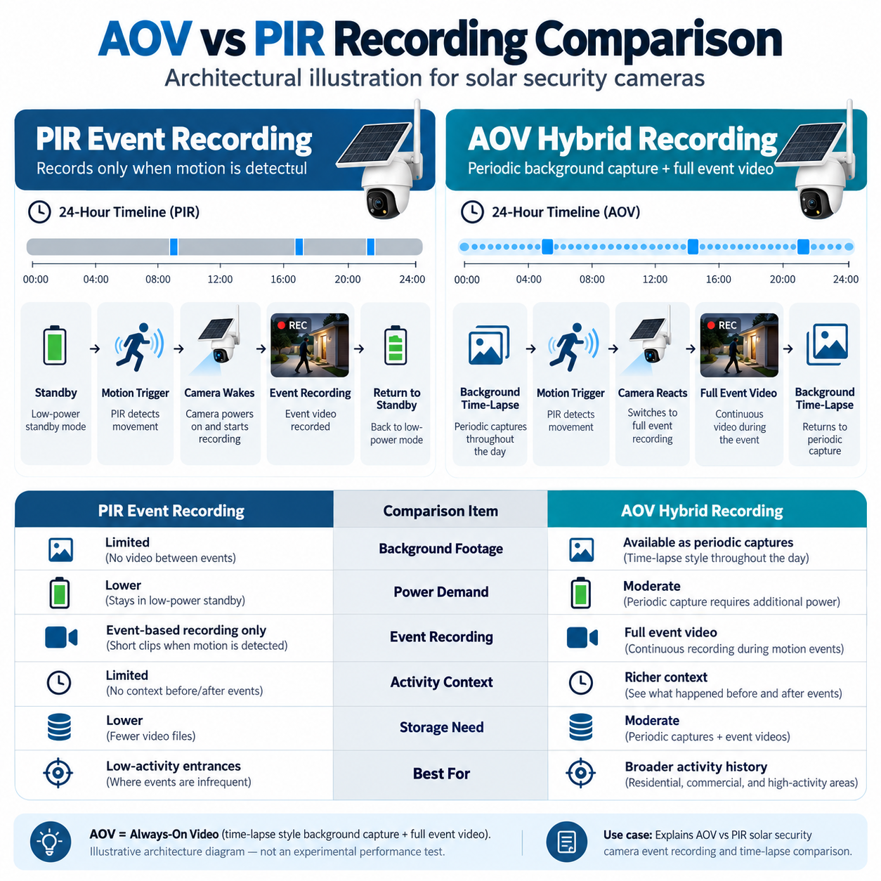 AOV vs PIR solar security camera event recording and time-lapse comparison