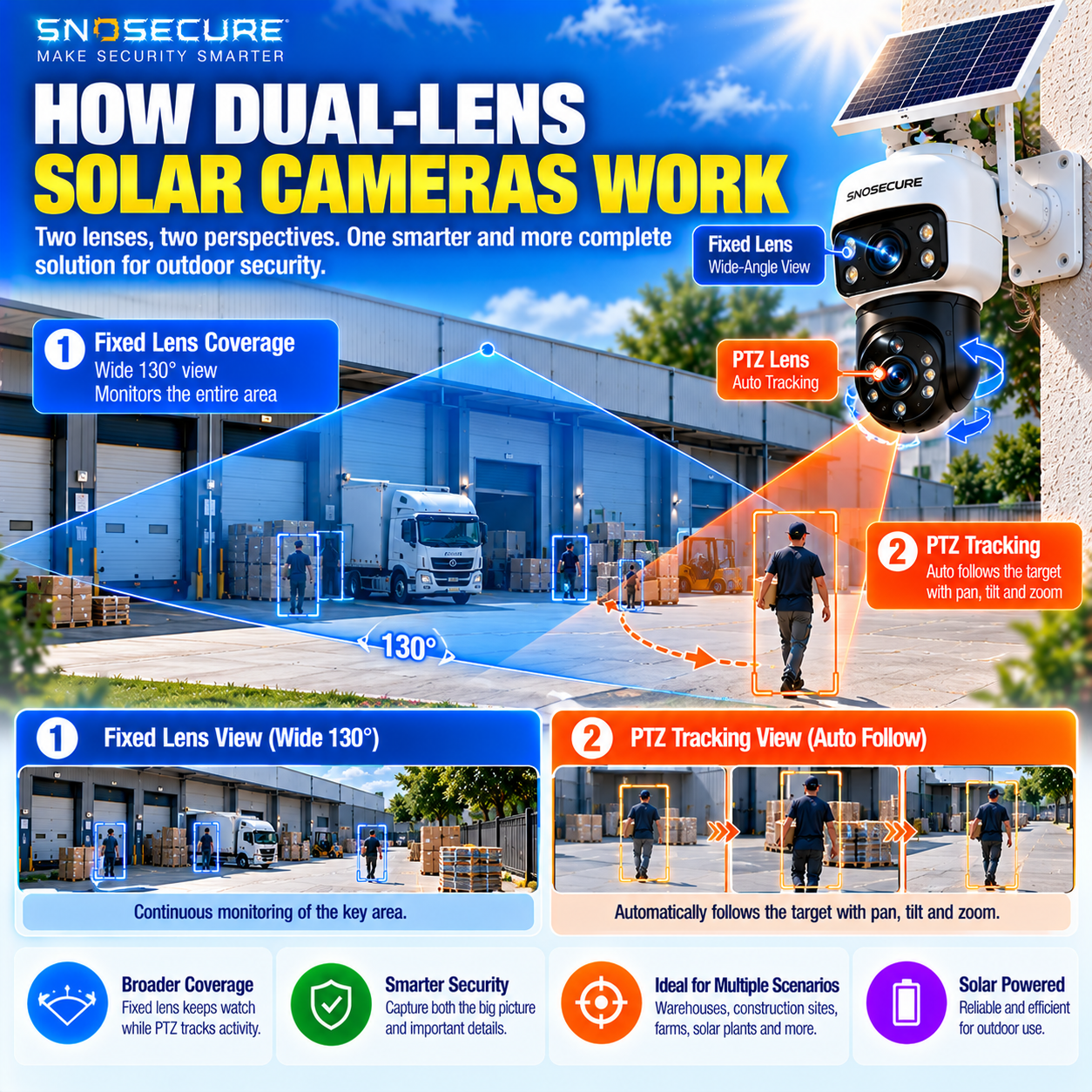 Dual lens solar security camera showing fixed wide angle monitoring and automatic PTZ tracking