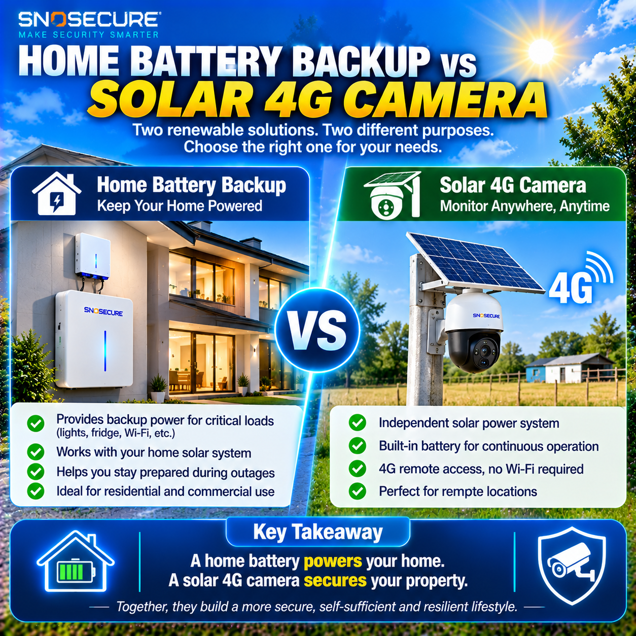 Home battery backup compared with independently powered solar 4G security cameras