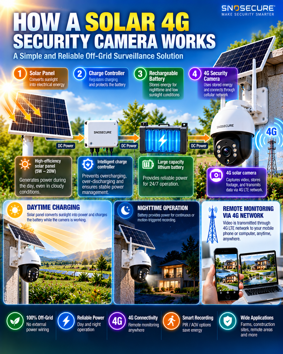 Solar 4G security camera energy flow from solar panel to controller battery and camera