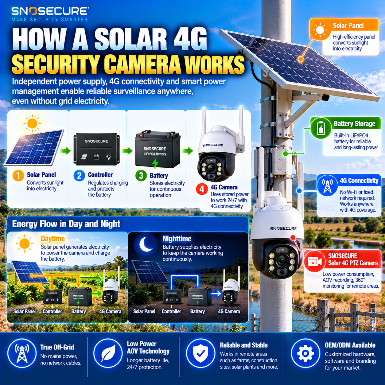 How a solar-powered 4G security camera uses solar generation battery storage and cellular connectivity