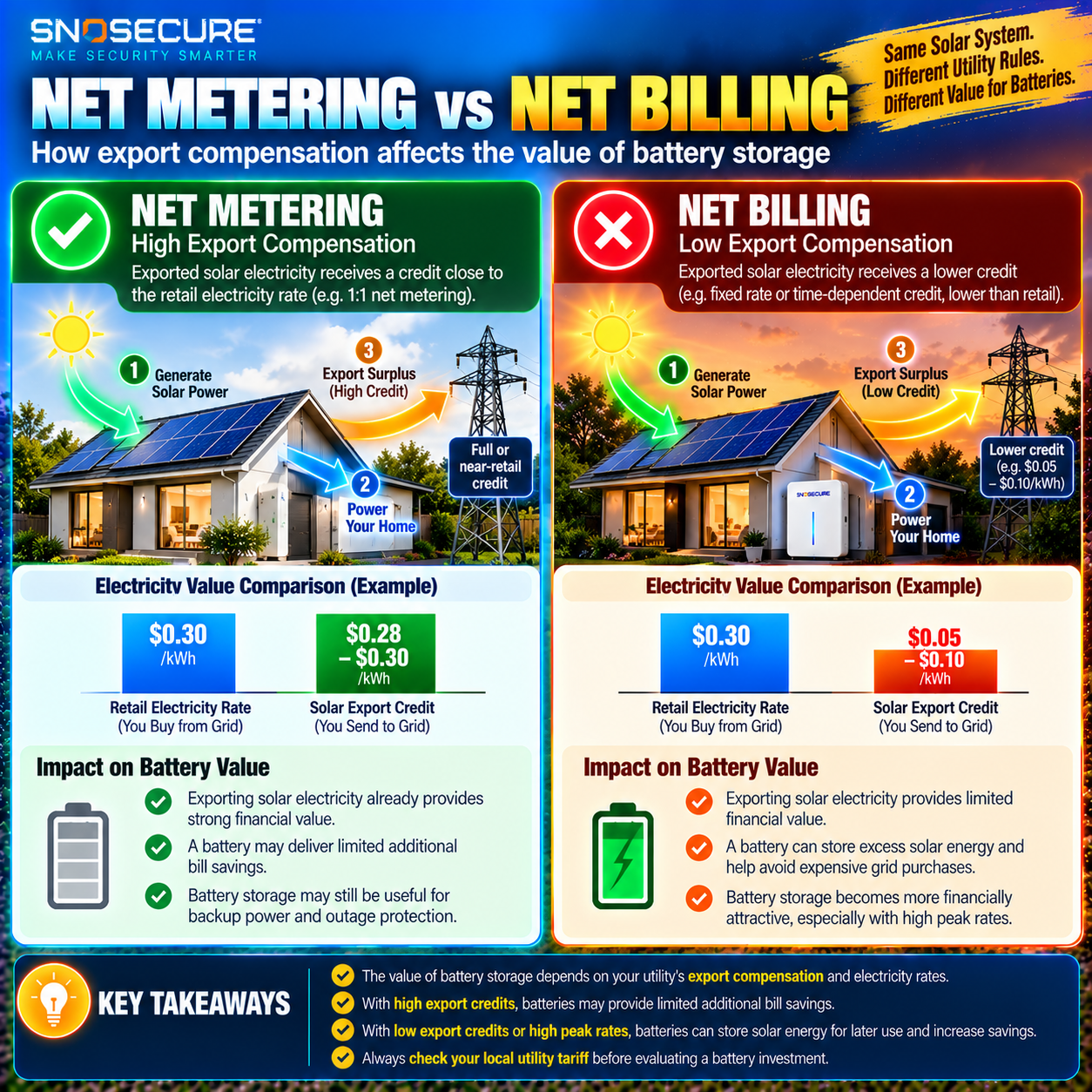 Net metering versus net billing and their impact on home battery storage economics