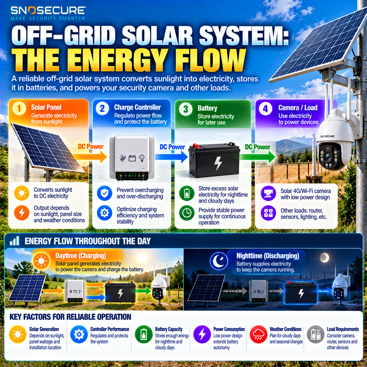 Off-grid solar system architecture with solar panel charge controller battery and electrical load