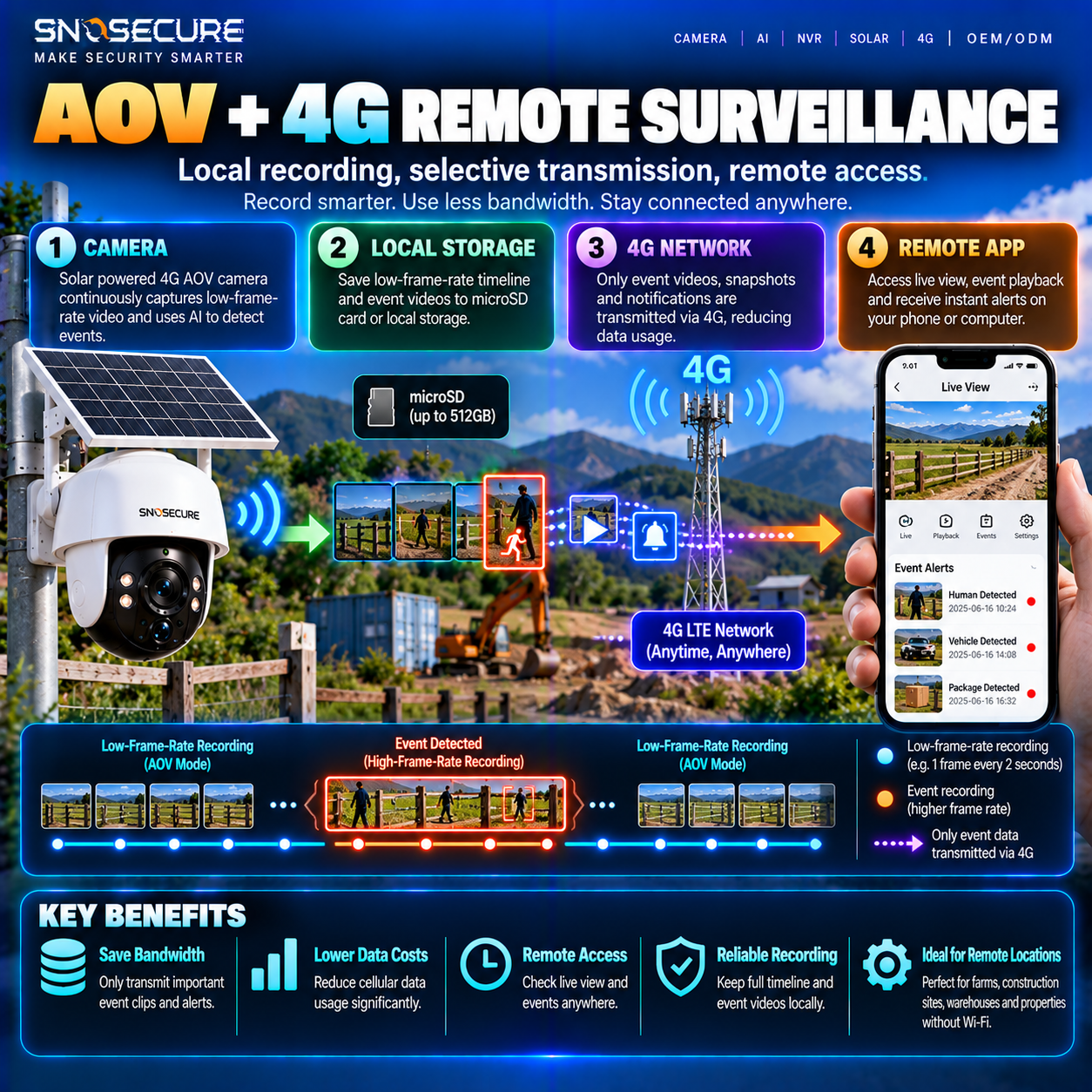 Solar 4G AOV camera architecture for remote surveillance with local recording and cellular access.