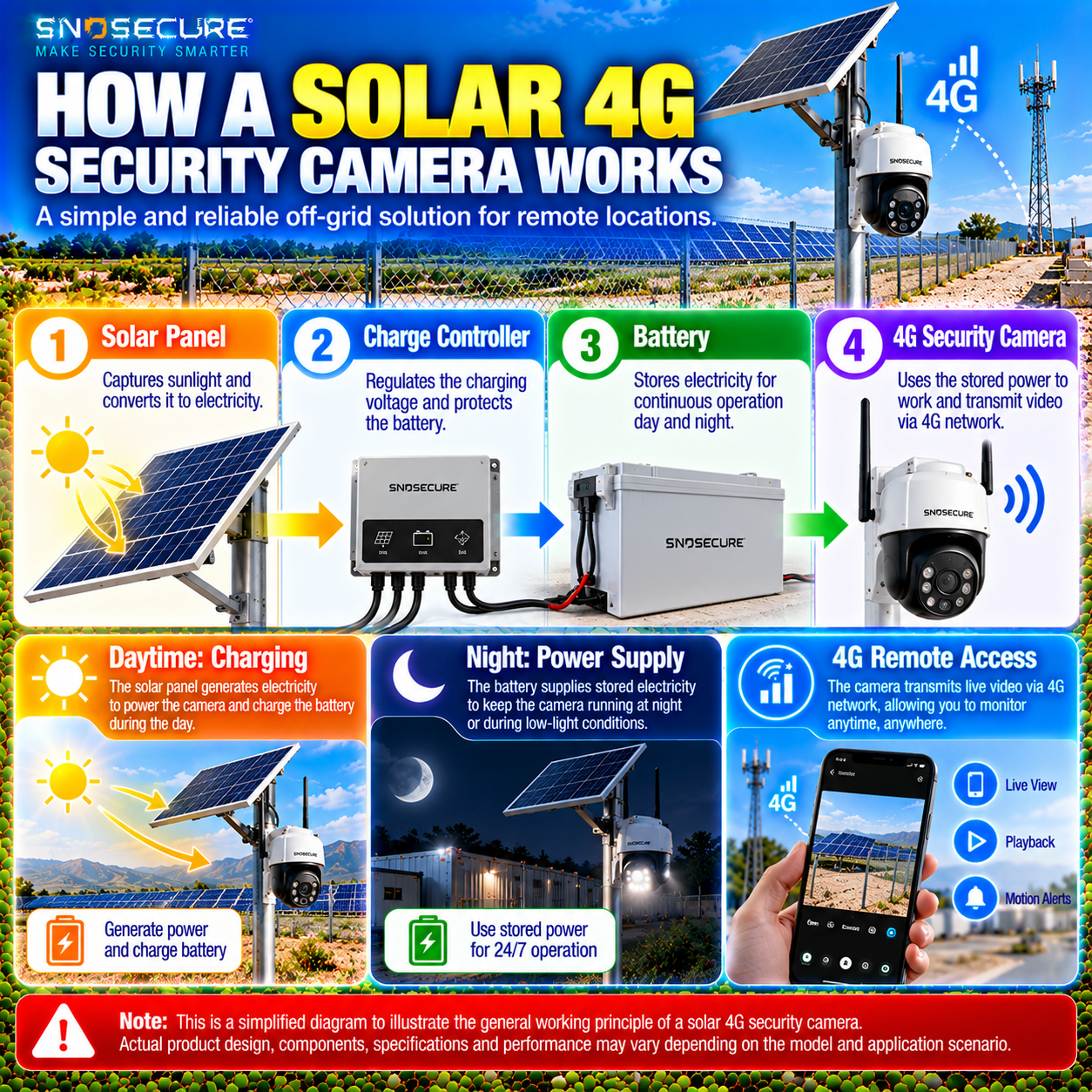Solar 4G security camera energy flow from solar panel through battery to remote monitoring