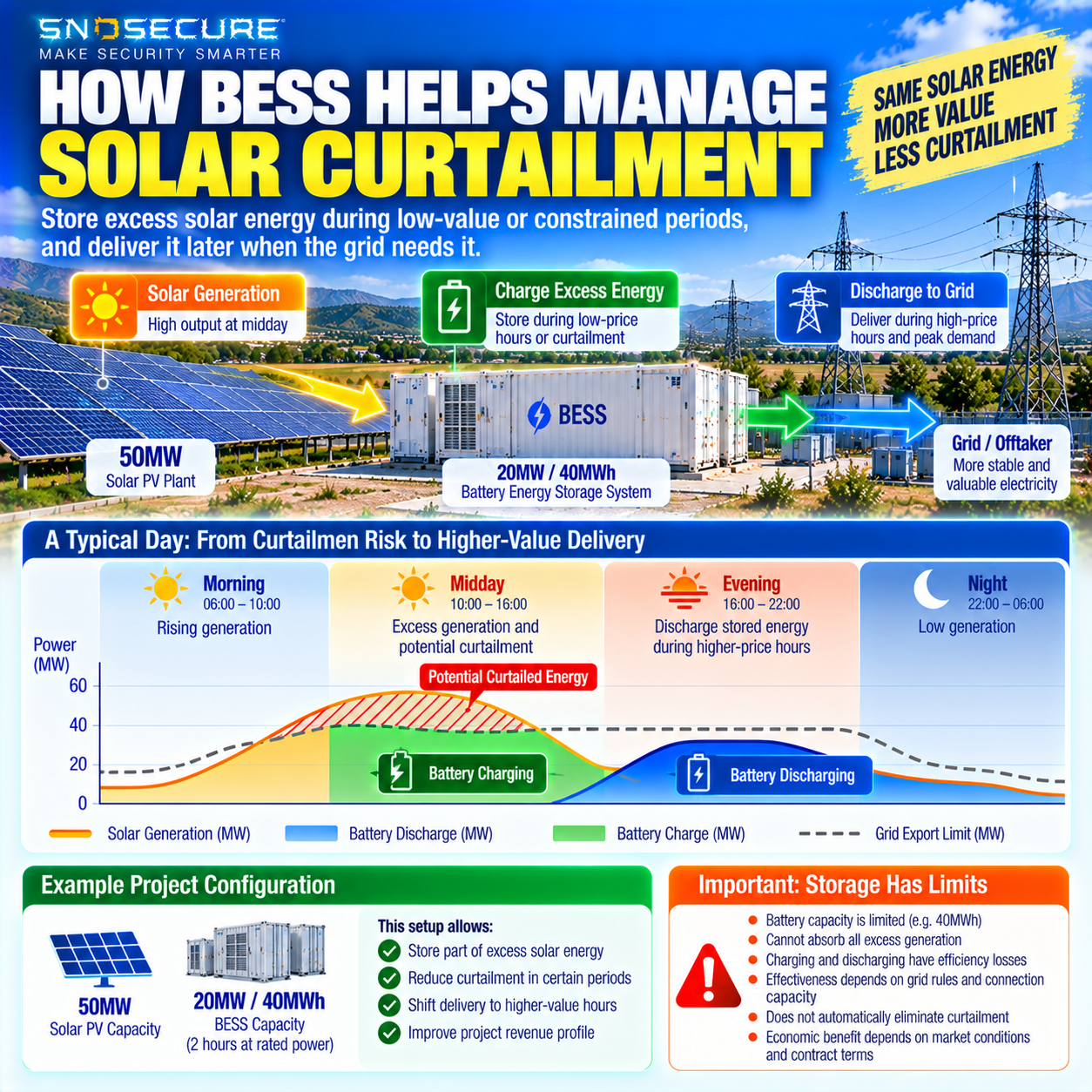 Illustrative solar curtailment management using battery energy storage to shift electricity delivery