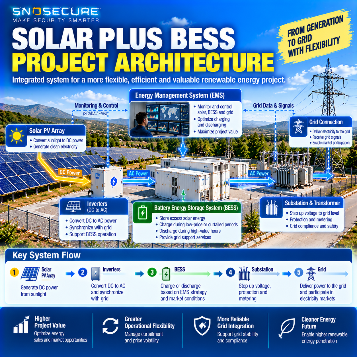 Solar plus battery energy storage project architecture showing EPC electrical and control system integration