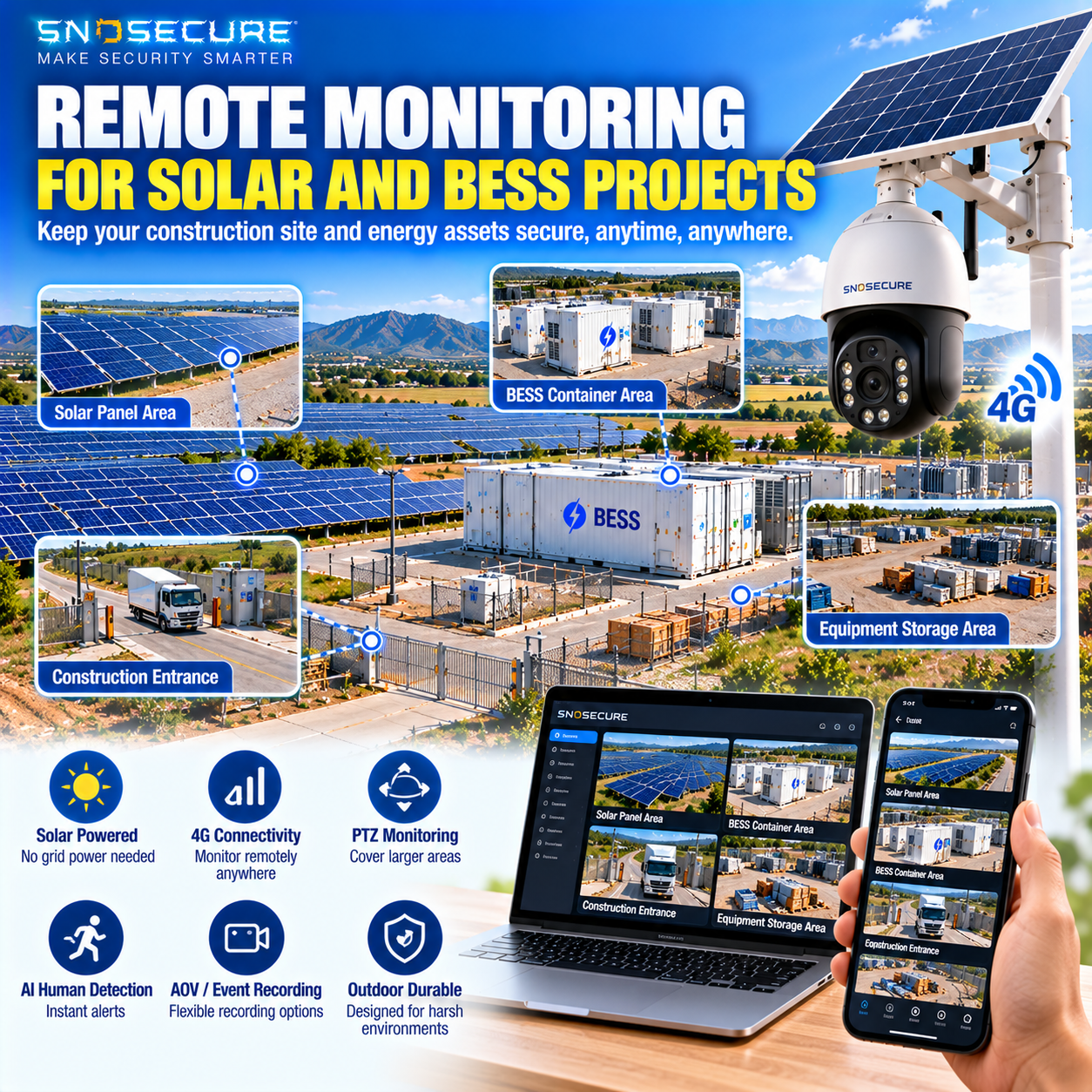 Solar powered 4G security camera monitoring a remote solar farm and BESS construction site