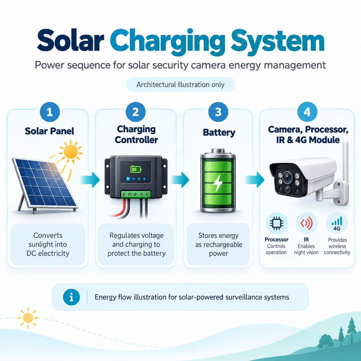 Solar security camera charging and battery energy management system