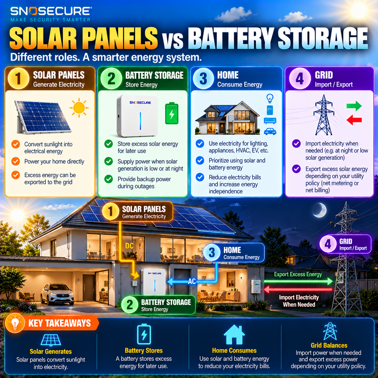 How solar panels generate electricity and home batteries store energy for later use