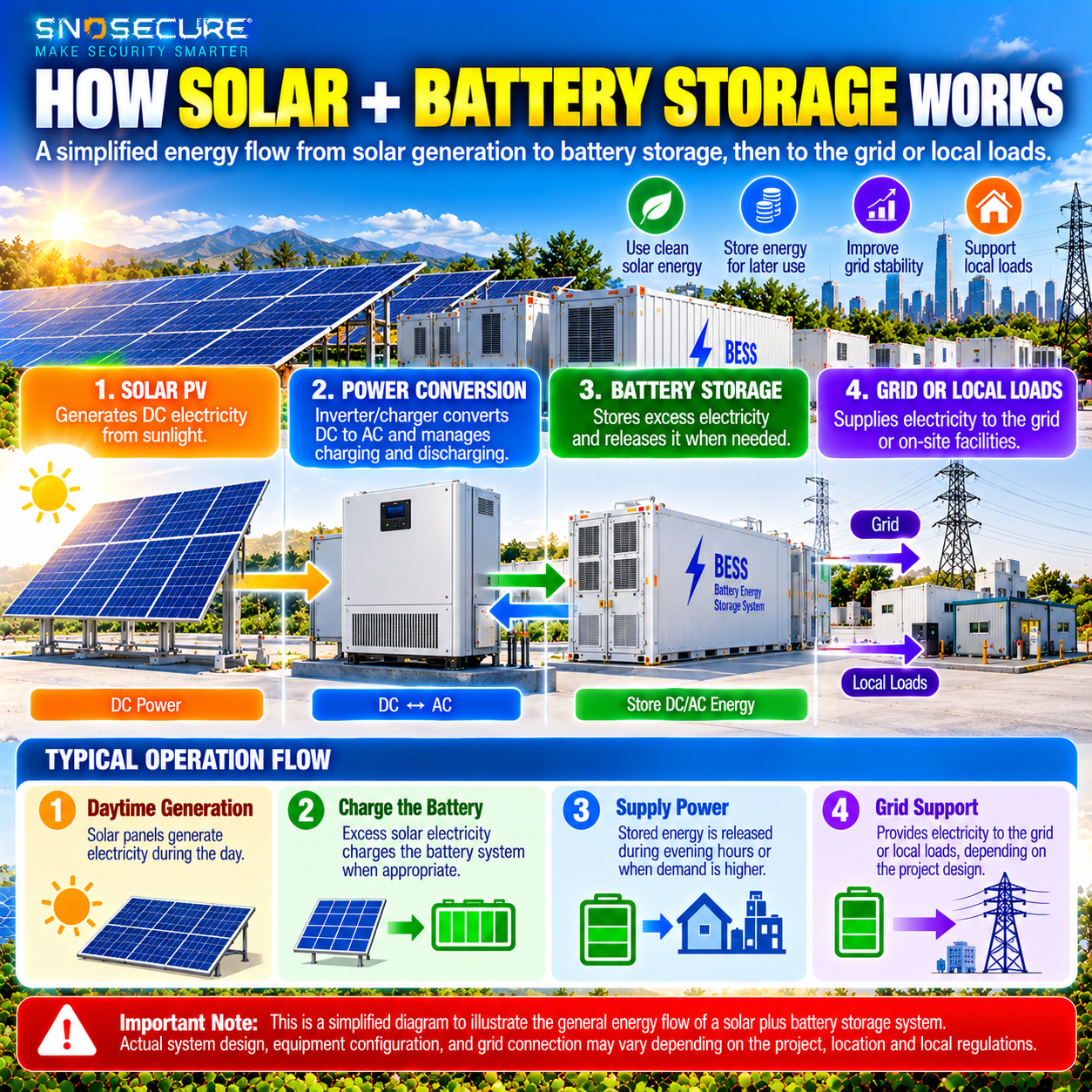 Simplified solar plus battery storage system energy flow for grid and local electricity loads
